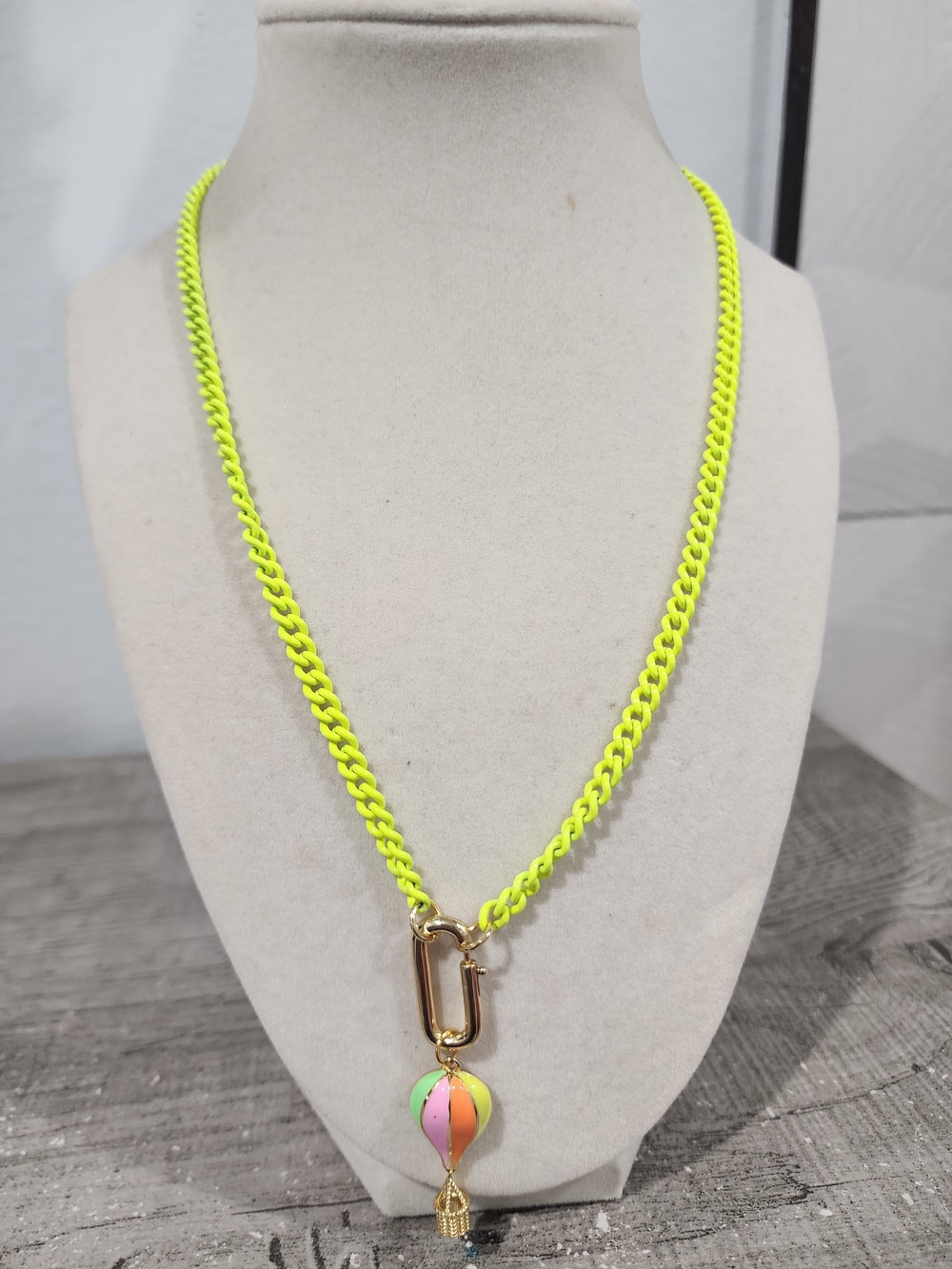 Neon Yellow Chain Necklace with Multicolor Hot Air Balloon Charm -Alexa Rae